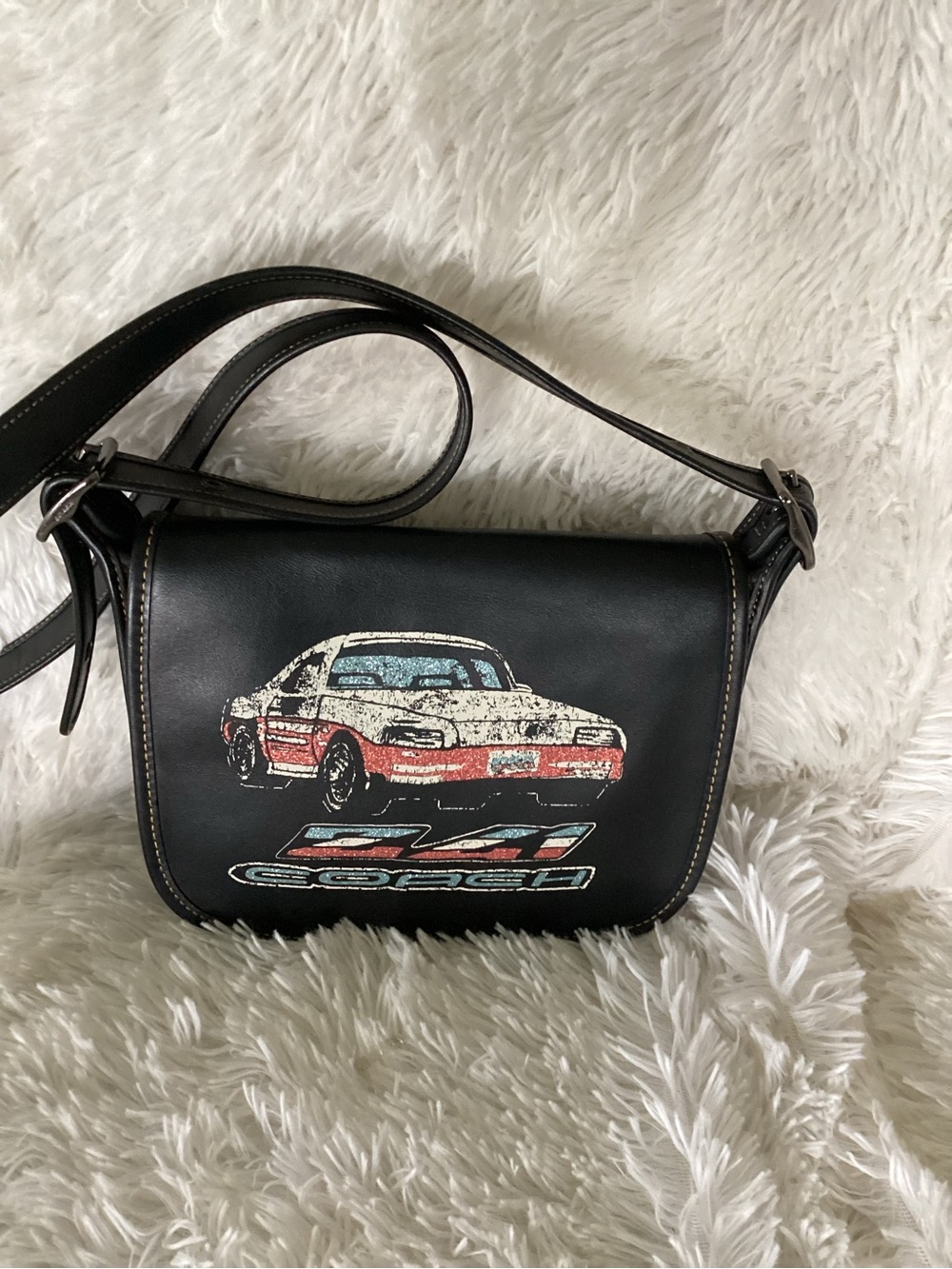 Coach Black Leather Saddle Bag with Red and Cream Car Graphic